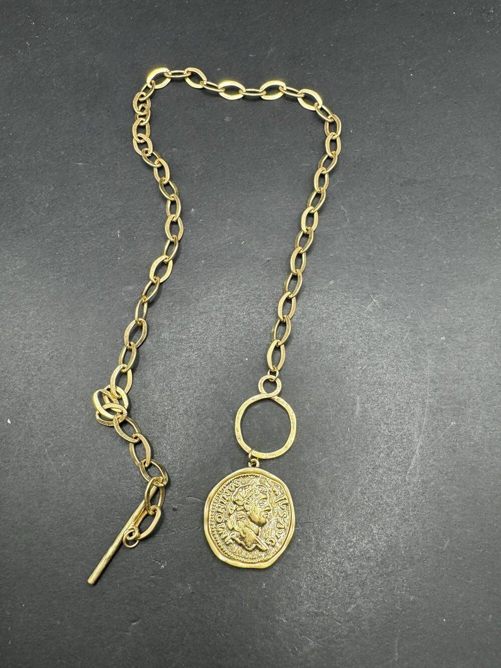 Gold Tone Roman Coin Pendant Necklace Toggle Clasp Textured Link Chain Jewelry